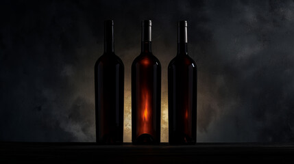 Three wine bottles in a row with a spotlight highlighting the label on a dark background.