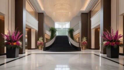 A boutique hotel lobby, where the décor is centered around an elegant floral theme. 