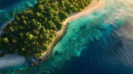 Wall Mural - Golden Sunset over Tropical Paradise Aerial View of Coral Reefs White Beaches and Turquoise Waters. Ideal for Travel Magazines and Nature Documentaries