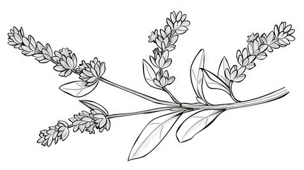 Wall Mural -   A monochromatic sketch of a lavender plant's branch with purple blossoms and emerald foliage set against a pristine white backdrop