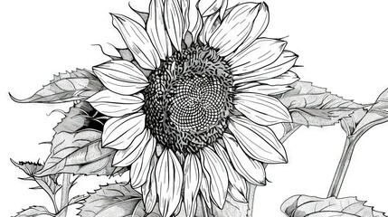 Wall Mural -   A monochrome illustration of a sunflower featuring numerous leaves at the base and underneath the bloom
