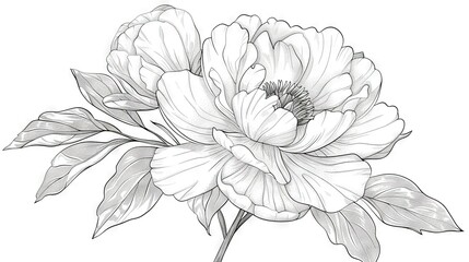 Wall Mural -   Black-and-white illustration of an oversized blossom adorned with foliage on its stalk