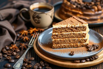 Wall Mural - A slice of layered cake on a blue plate, surrounded by coffee beans and a fork. A cup of coffee and the rest of the cake are in the background.