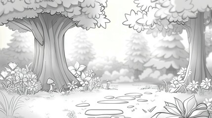 Sticker -   A monochrome depiction of woodland scenery featuring trees, blooms, and a trail in the distance