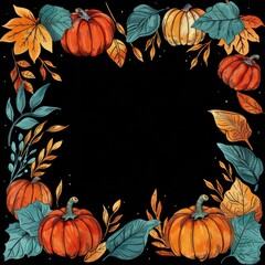 Poster - Autumnal Pumpkin and Leaf Border on Dark Background