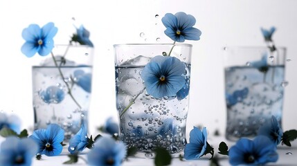 Poster -   Three glasses filled with water hold blue flowers, each glass is half-filled