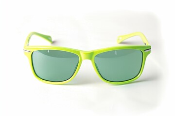 A pair of trendy neon green sunglasses with dark lenses, isolated on a white background, perfect for summer and outdoor activities