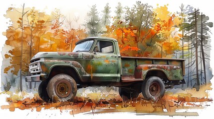 Wall Mural - watercolour illustration of green truck on the autumn forest background