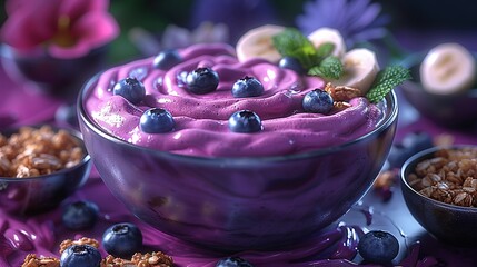 Wall Mural -  A plate holds blueberries and granola, resting on a purple tablecloth