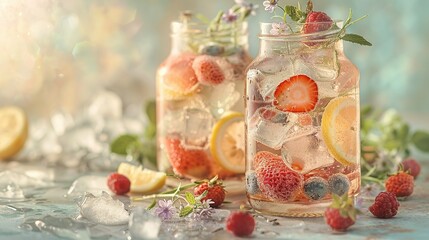 Wall Mural -   Two mason jars filled with lemons, strawberries, and raspberries adjacent to lemon slices and wedges