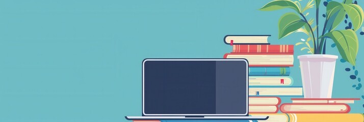 Poster - A laptop rests on a desk next to a stack of textbooks, representing the blending of traditional and modern learning methods. Generative AI