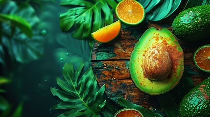 Poster -   An avocado, orange, and leaves are placed on a wooden surface against a green leafy backdrop