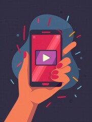 Wall Mural - An illustration of a hand holding a smartphone with a play button displayed on the screen. The background features a vibrant, dynamic design. Generative AI