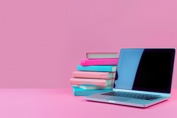 Poster - A laptop and a stack of textbooks are positioned on a pink desk, representing the modern approach to education. Generative AI