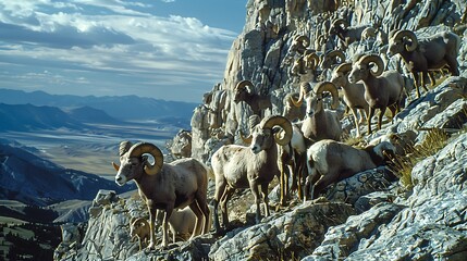 Photo of herd of bighorn sheep shot direction from the left side pose climbing mountain time of day dawn National Geographic film type Kodak Portra 400 using a wideangle lens for dramatic perspective