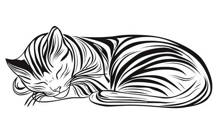 Wall Mural -  Black-and-white sketch of a cat lounging on the ground with its head resting on a pillow