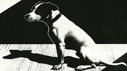 Wall Mural -   A monochrome image of a pooch perched on the floor, casting a canine silhouette beneath it