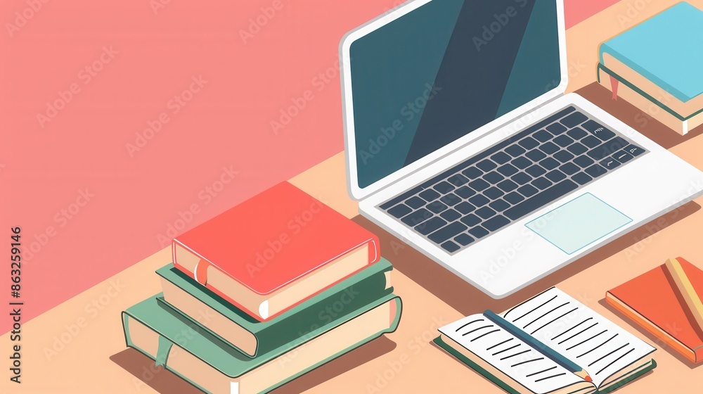 A contemporary desk setup with a laptop, textbooks, and writing ...