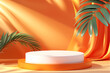 © iamfrk7 - Vibrant orange and white display podium with tropical green leaves, showcasing a dynamic and bold presentation setup. ideal for eye-catching product displays and modern aesthetics.