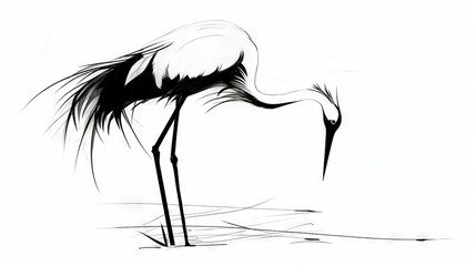 Poster -   Black-and-white photo capturing a bird with elongated legs and neck, perched on water's edge, gazing at ground below