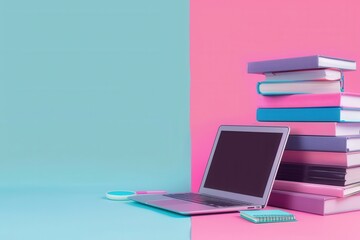 Poster - A laptop and a stack of textbooks rest on a desk, symbolizing modern methods of learning. Generative AI