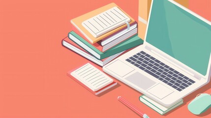 Poster - A laptop and a stack of textbooks lie on a desk, representing the modern methods of learning. Generative AI