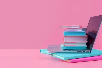 Aufkleber - A stack of colorful textbooks and a laptop computer on a pink background, representing modern learning. Generative AI