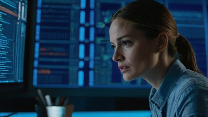 Poster - A woman is looking at a computer screen with a blue background