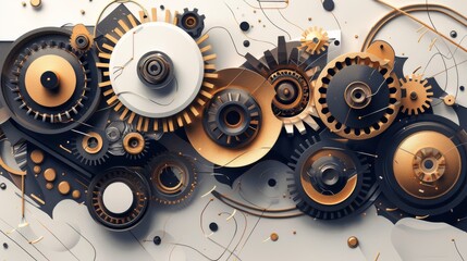 Abstract industrial background with gears, cogs, and bolts in gold, silver, and black.