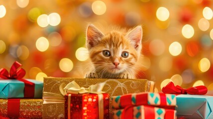 Wall Mural - Cute kitten among colorful gift boxes with festive bokeh background.