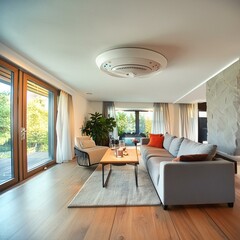 Wall Mural - Ceiling mounted smoke detector ensuring fire safety in a modern home lounge during daytime