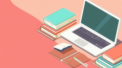 Poster - A laptop computer sits beside a stack of textbooks, representing modern learning methods. Generative AI