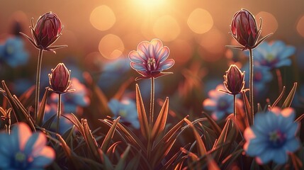 Wall Mural -   A close-up of flowers with sunlight filtering through their backgrounds