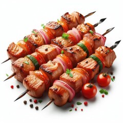 Tasty grilled Fried meat and shish kebab skewers with vegetables isolated on a white background