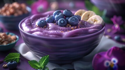 Wall Mural -   A bowl of blueberries and bananas sits atop a purple cloth, accompanied by other dishes