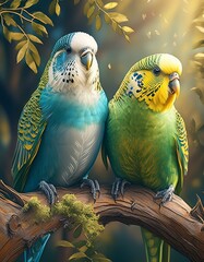 Two Budgerigars, one green and yellow, the other blue and white, perched side by side, their delicate features and vibrant colors highlighted against a simple, unobtrusive background to accentuate the