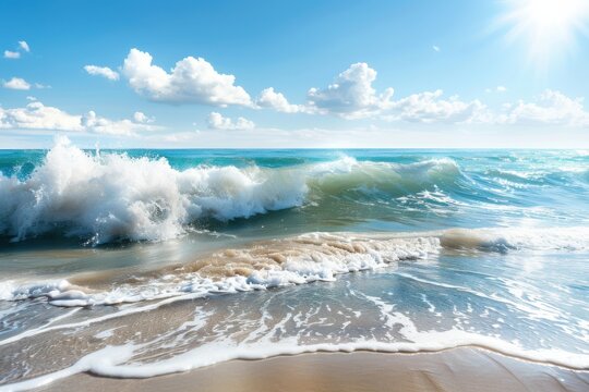 Foamy waves roll up to the sandy shore under a bright, sunny sky with scattered clouds. The image captures the serene, powerful beauty of the ocean in high resolution.
