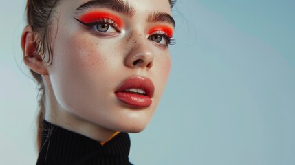 Wall Mural - Woman With Bold Orange Eyeshadow and Black Eyeliner. Generative AI