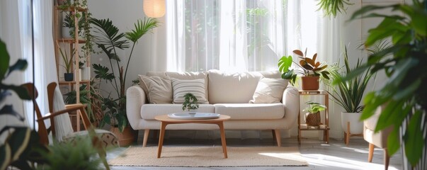 Bright living room with white sofa, coffee table and potted plants.