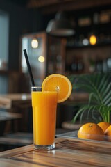 orange juice on wooden table Generative AI