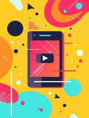 Poster - A vibrant illustration of a smartphone with a video streaming on its screen, set against a colorful abstract background. Generative AI