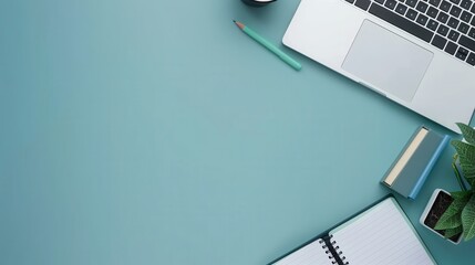 Aufkleber - A blue desk with a laptop, textbooks, and a pencil, representing modern learning methods. Generative AI