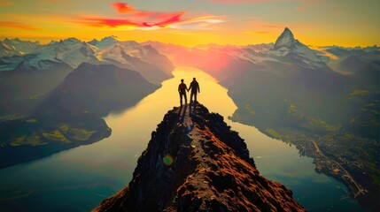 A bright, breathtaking scene of two friends standing on a mountain peak, holding hands and overlooking a stunning, colorful sunrise or sunset over a river and mountains.