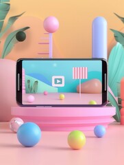 Leinwandbilder - A smartphone displaying video streaming on a bright, colorful background featuring geometric shapes and a play button. Generative AI