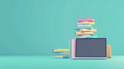 Poster - A laptop computer sits on a blue background with a stack of colorful books, representing modern education and the blending of traditional and digital learning. Generative AI