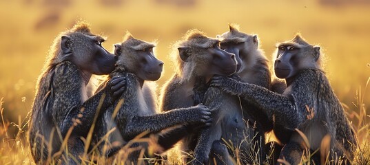 Photo of troop of baboons shot direction the front pose grooming each other time of day late afternoon 