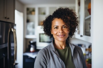 Portrait of a smiling middle aged fit woman in modern kitchen with fresh vegetables