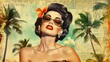 © neatlynatly - A retro-styled girl with a vintage hairstyle, flower accessory, and large glasses. The background features palm trees and a textured, newspaper-like pattern.