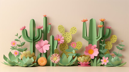 Wall Mural - Colorful Cactus background in a paper-cut art style.