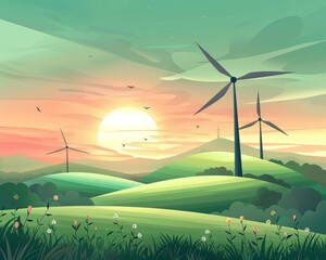 Wind turbines stand tall against a sunset backdrop in a rolling green landscape.